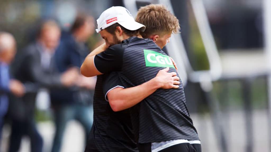 JRTPUsteVUAhero.jpg Jay Rantall and Tom Phillips embrace after their thrilling 2km time trial. Picture: @CollingwoodFC - AFL,Collingwood Magpies,Tom Phillips,News,Update,Game,Draft